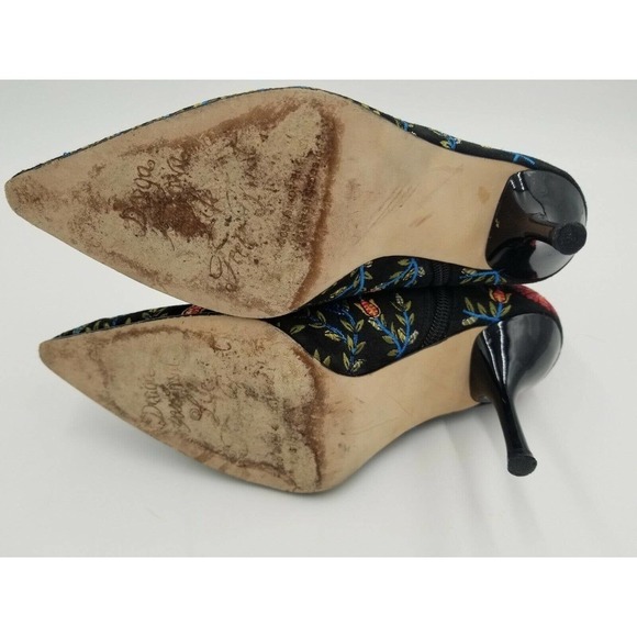 Beverly Feldman Ankle Boots Stiletto Pointed Toe Flower Embroidered Black 5.5 - Picture 7 of 12